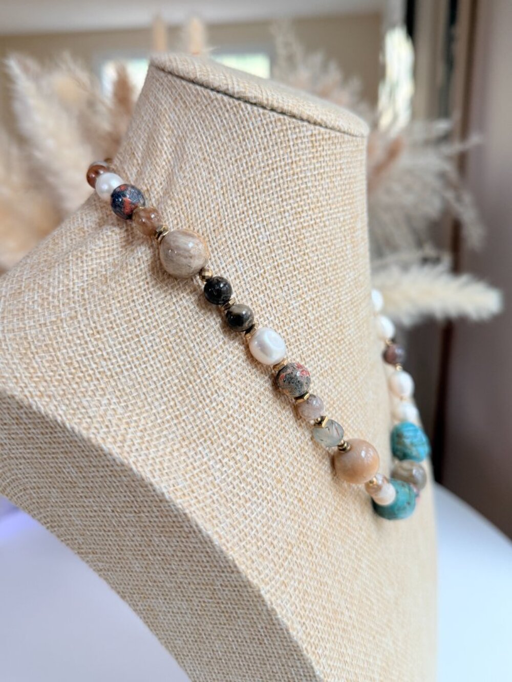 One of a Kind Turquoise Pearl Natural Stone Necklace - Picture 4 of 13